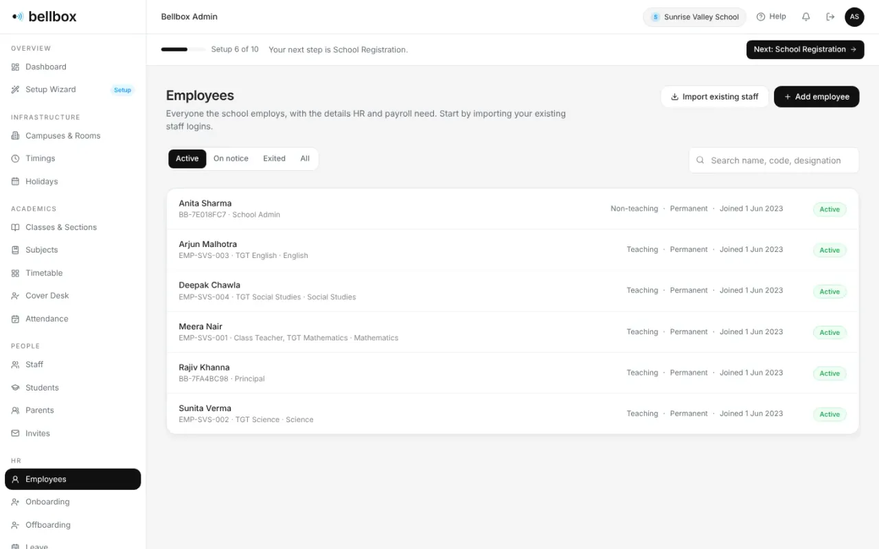 HR employees: everyone the school employs, with active, on notice and exited views