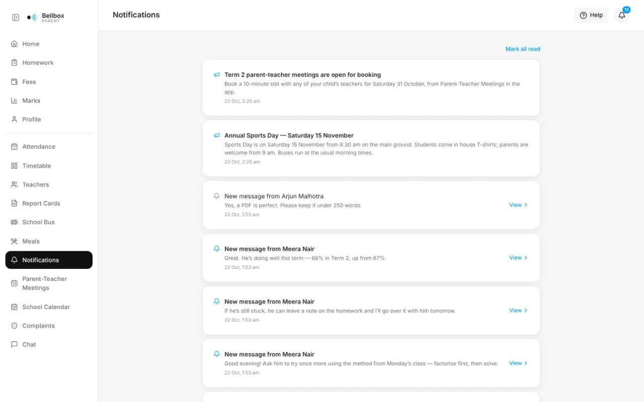 Parent notifications, each with a link to what changed