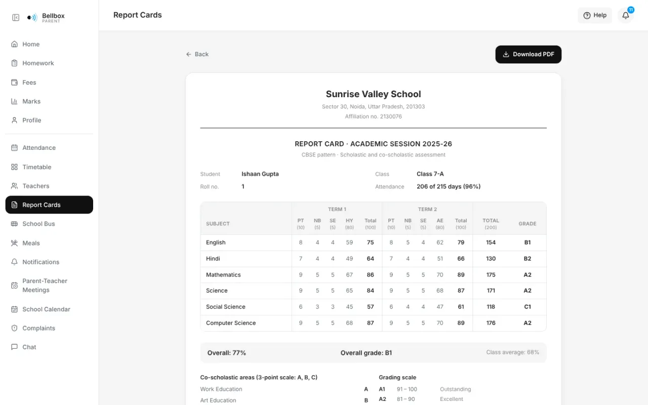 A year-end report card in the CBSE layout, with Download PDF