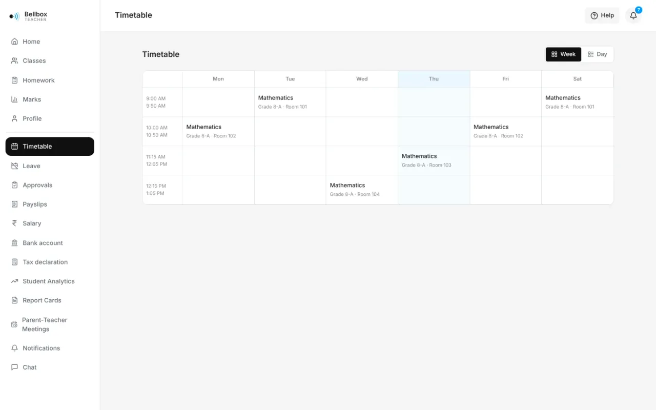 Teacher weekly timetable