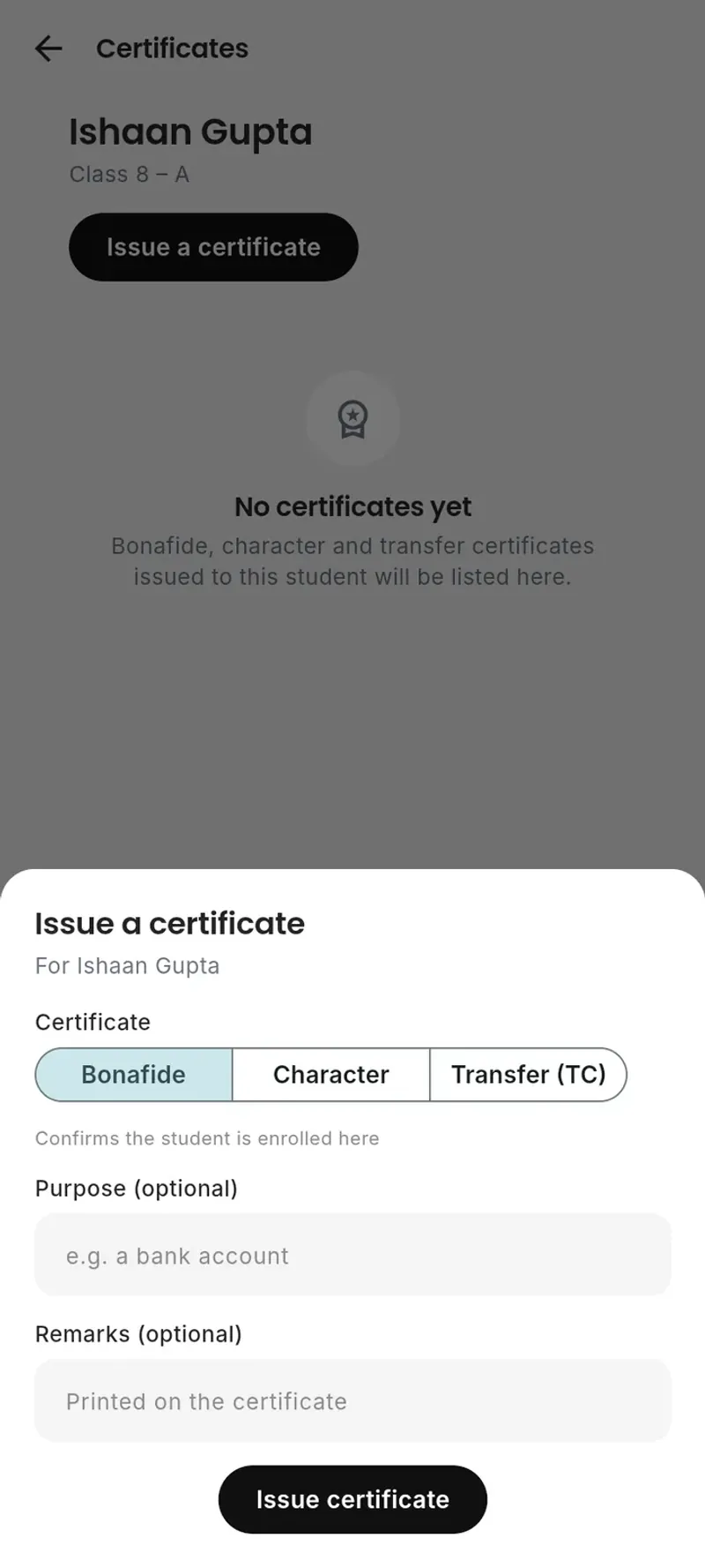Issuing a bonafide, character or transfer certificate on a phone