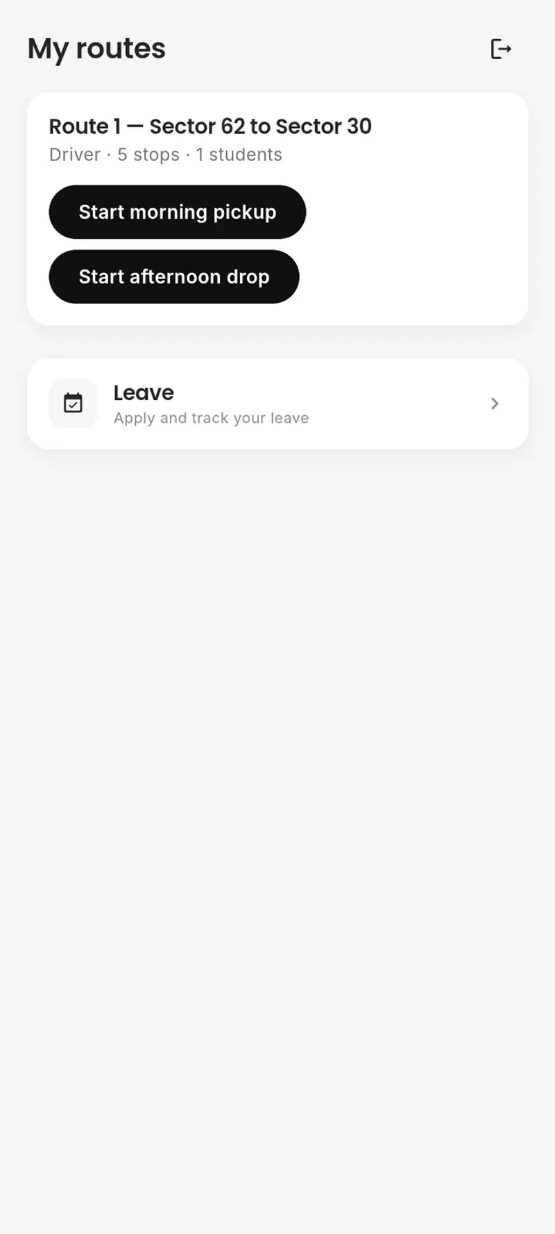 Bus crew app: my routes, with Start morning pickup