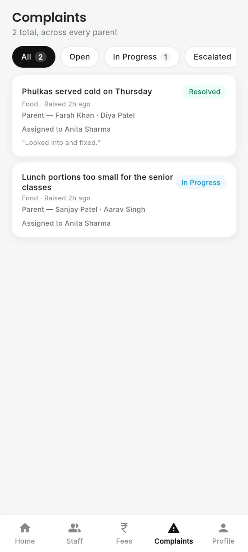 Food complaints reaching the meal in-charge on a phone
