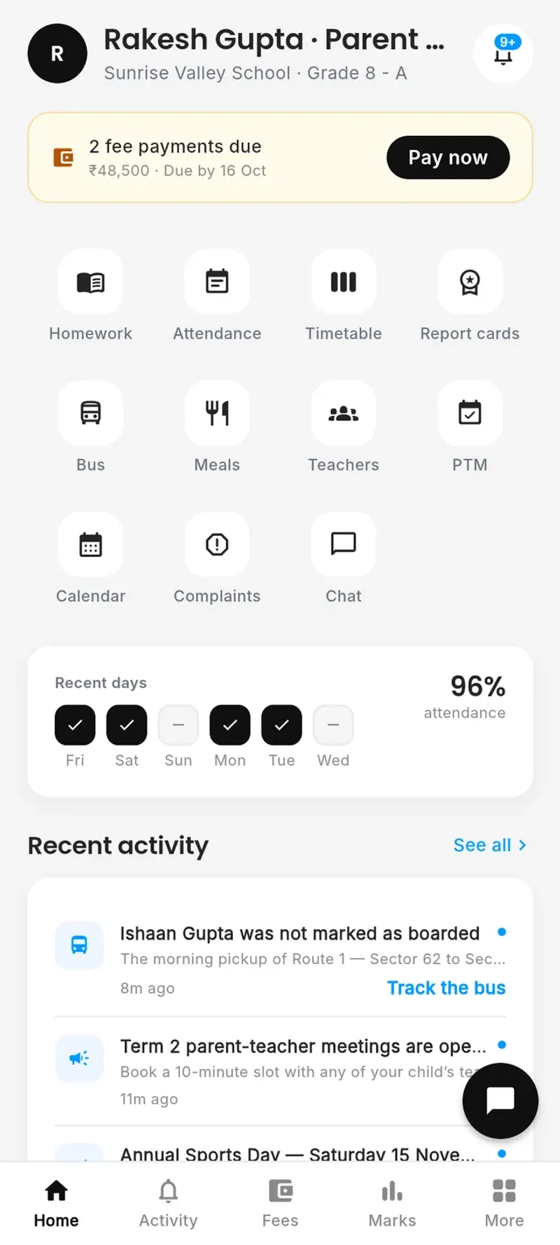 Parent app home on a phone