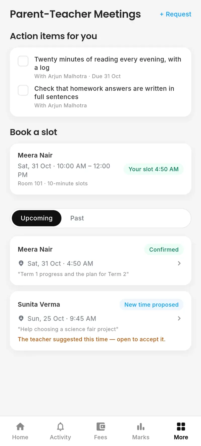 Parent app meetings: action items and booking a slot