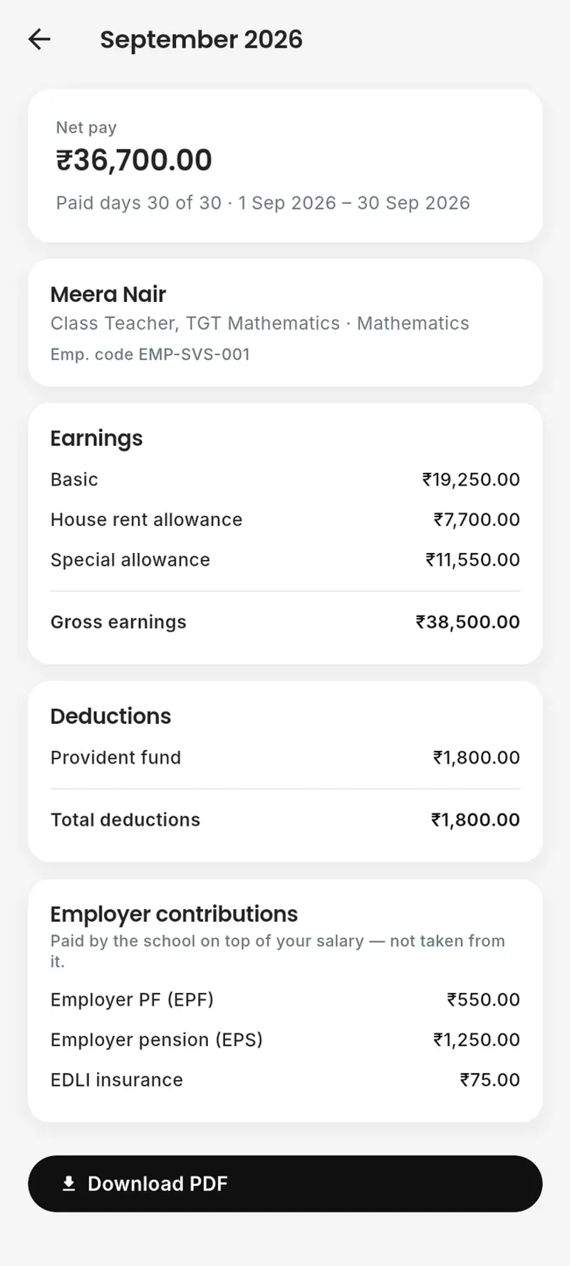A teacher’s payslip on a phone