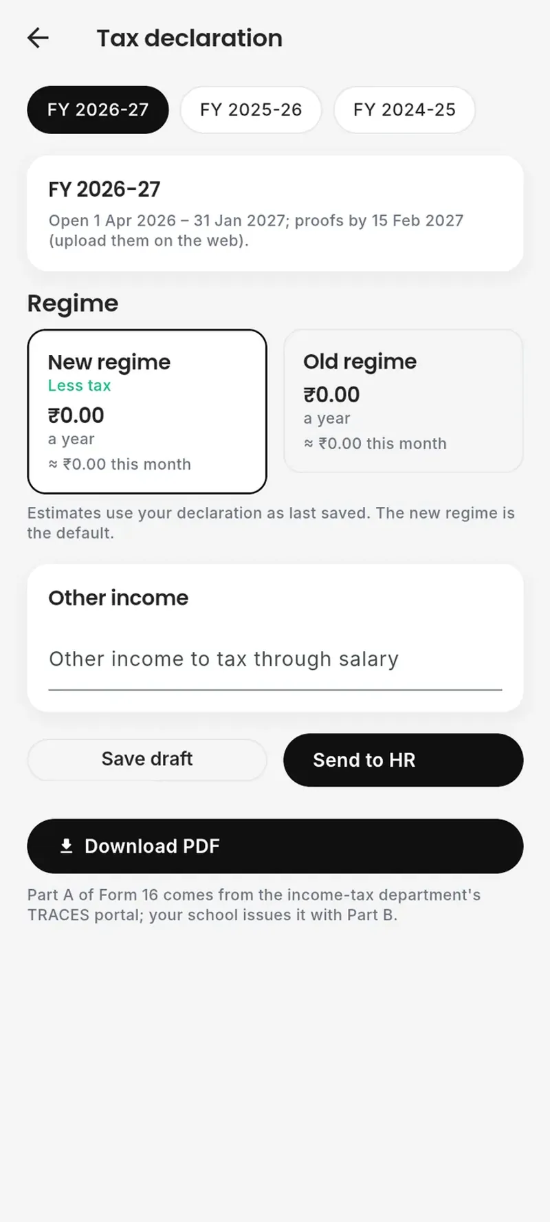 Tax declaration on a phone: new and old regime compared, and Form 16 Part B